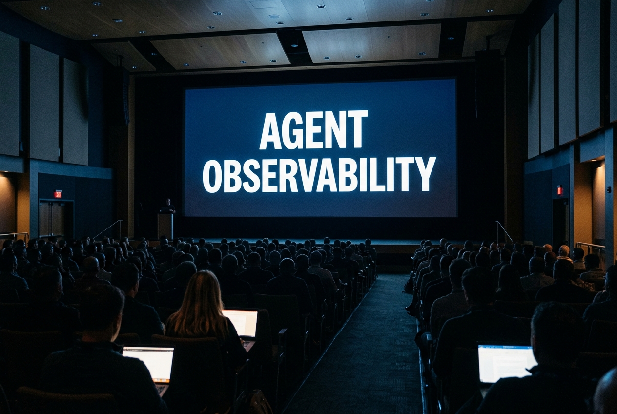 Reconstructed view from the back of a darkened auditorium toward a lit screen reading Agent Observability, the stage below nearly empty, audience silhouettes in the foreground.