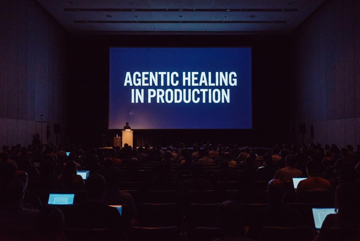 Reconstructed view from the back of a darkened auditorium toward a lit screen reading Agentic Healing in Production, the stage below nearly empty, audience silhouettes in the foreground.