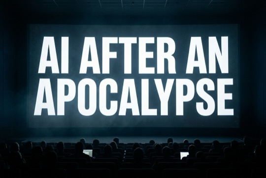 An AI-generated image of a talk title shown on a large, dimly lit conference screen above a silhouetted audience.