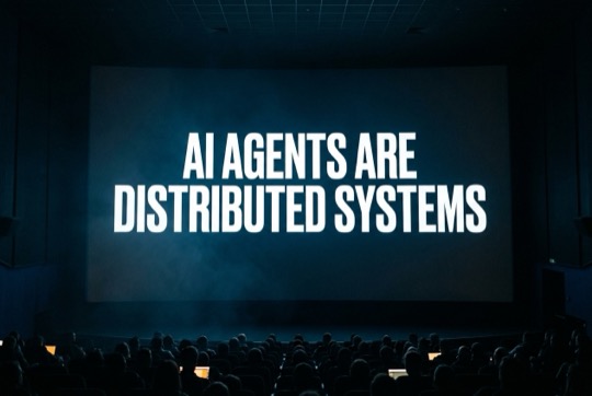 An AI-generated image of a talk title shown on a large, dimly lit conference screen above a silhouetted audience.