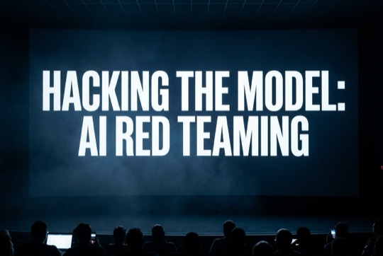 An AI-generated image of a talk title shown on a large, dimly lit conference screen above a silhouetted audience.