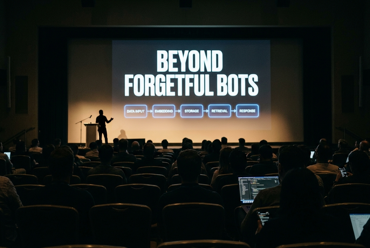 Reconstructed view from the back of a darkened auditorium toward a lit screen reading Beyond Forgetful Bots, the stage below nearly empty, audience silhouettes in the foreground.
