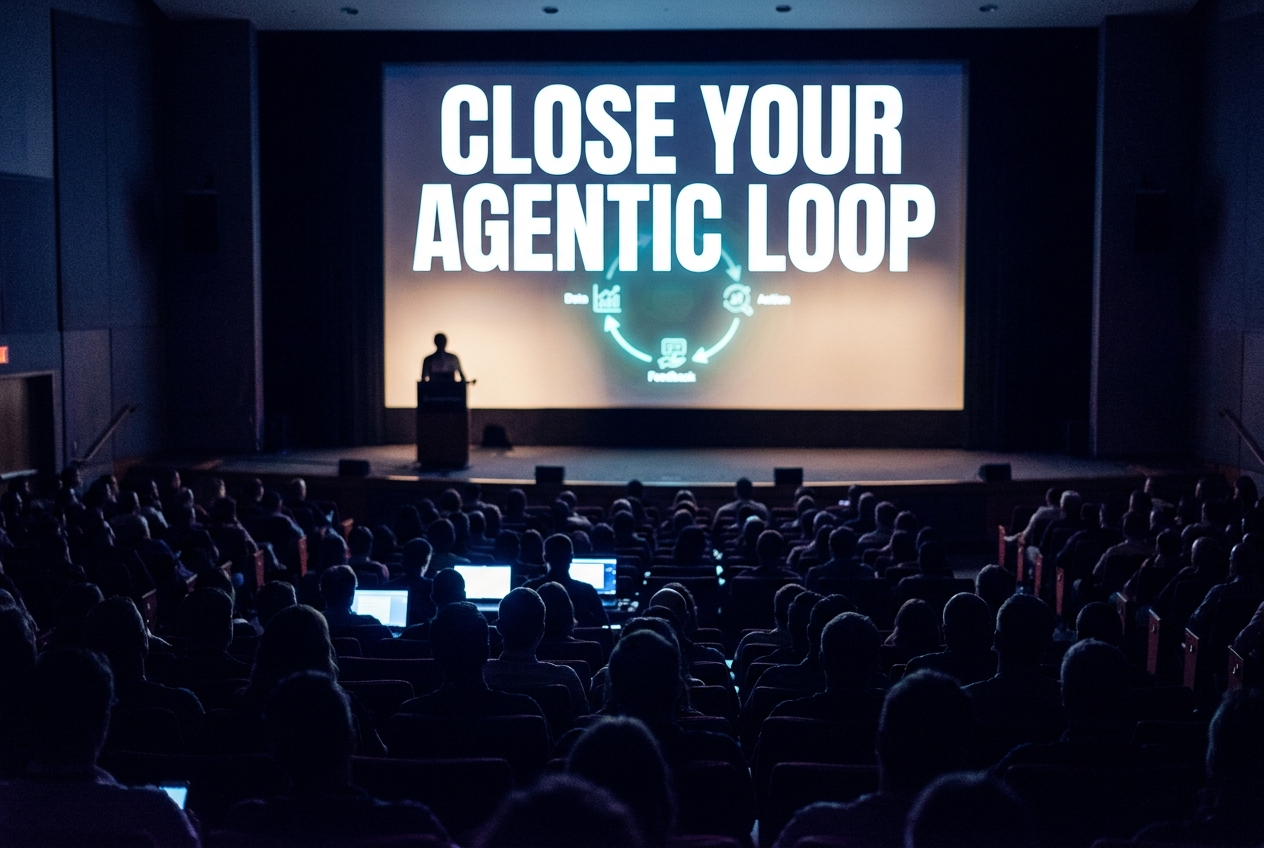 Reconstructed view from the back of a darkened auditorium toward a lit screen reading Close Your Agentic Loop, the stage below nearly empty, audience silhouettes in the foreground.