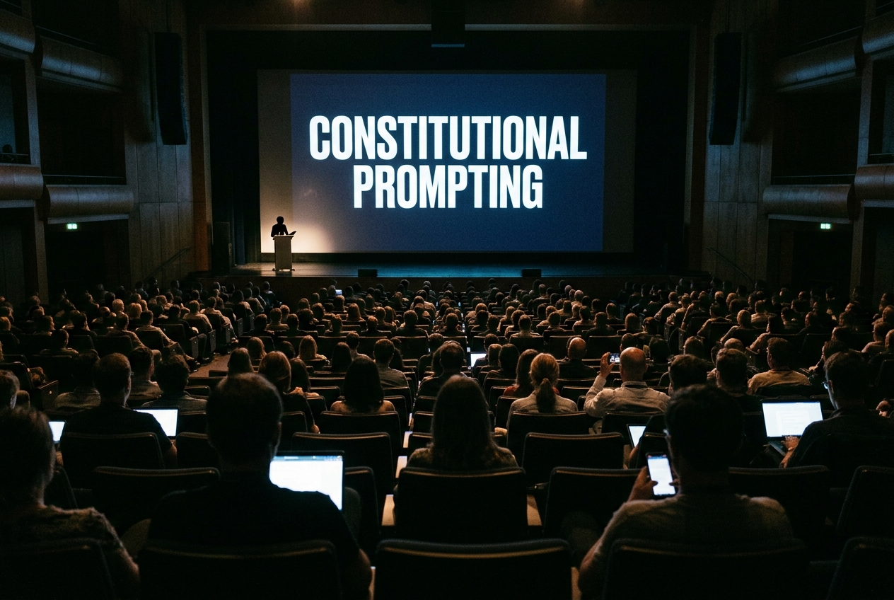 Reconstructed view from the back of a darkened auditorium toward a lit screen reading Constitutional Prompting, the stage below nearly empty, audience silhouettes in the foreground.