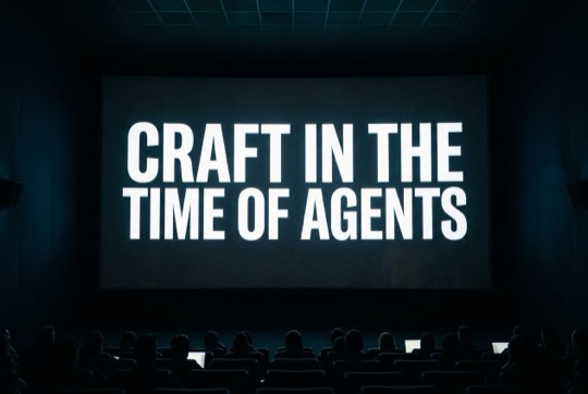 An AI-generated image of a talk title shown on a large, dimly lit conference screen above a silhouetted audience.