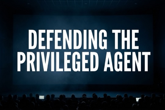 An AI-generated image of a talk title shown on a large, dimly lit conference screen above a silhouetted audience.