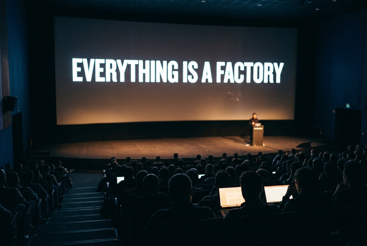 Reconstructed wide view from the back of a darkened cinema auditorium toward a huge lit screen reading Everything Is a Factory, the stage below nearly empty, the backs of a laptop-lit audience in the foreground.