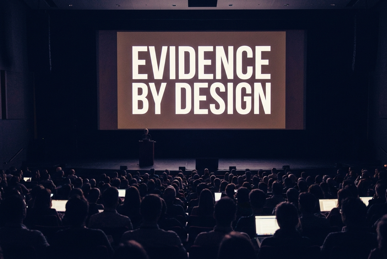 Reconstructed view from the back of a darkened auditorium toward a lit screen reading Evidence by Design, the stage below nearly empty, audience silhouettes in the foreground.