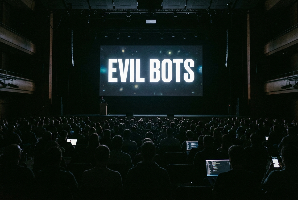 Reconstructed view from the back of a darkened auditorium toward a lit screen reading Evil Bots, the stage below nearly empty, audience silhouettes in the foreground.