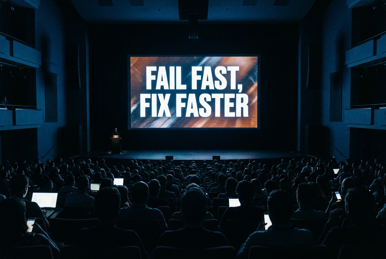 Reconstructed view from the back of a darkened auditorium toward a lit screen reading Fail Fast, Fix Faster, the stage below nearly empty, audience silhouettes in the foreground.