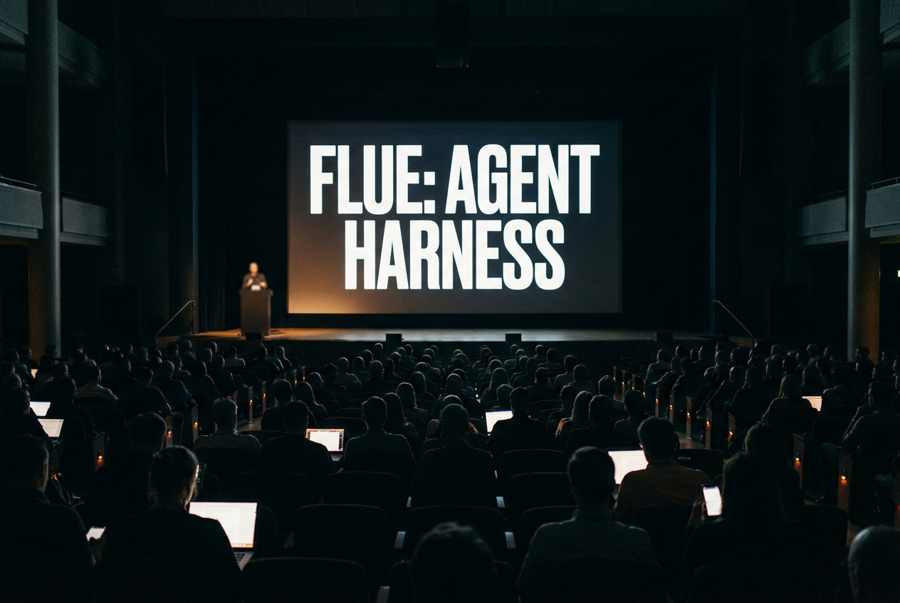 Reconstructed view from the back of a darkened auditorium toward a lit screen reading Flue: Agent Harness, the stage below nearly empty, audience silhouettes in the foreground.