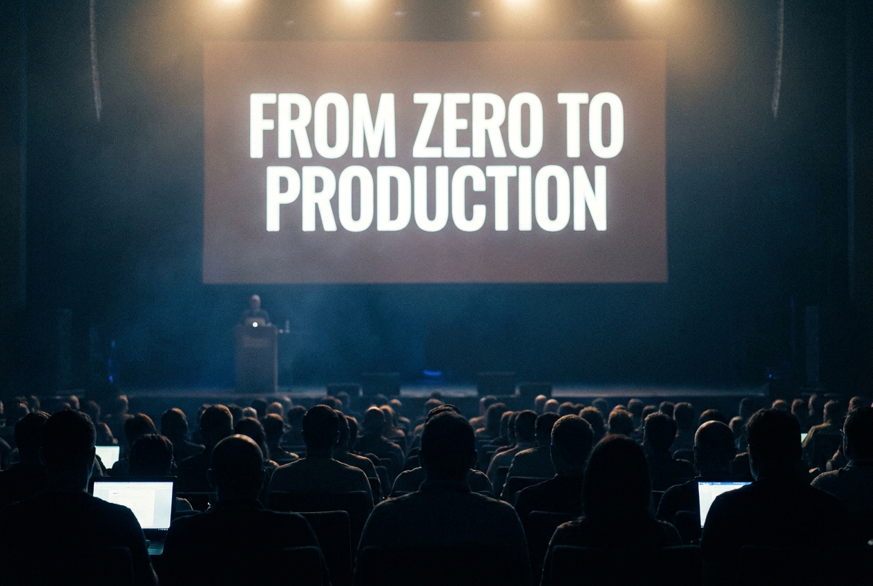 Reconstructed view from the back of a darkened auditorium toward a lit screen reading From Zero to Production, the stage below nearly empty, audience silhouettes in the foreground.