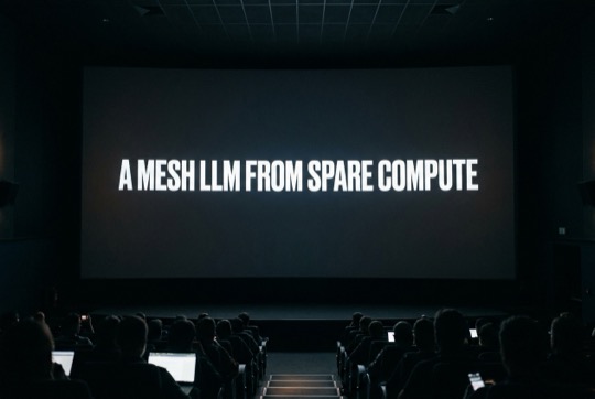 An AI-generated image of a talk title shown on a large, dimly lit conference screen above a silhouetted audience.