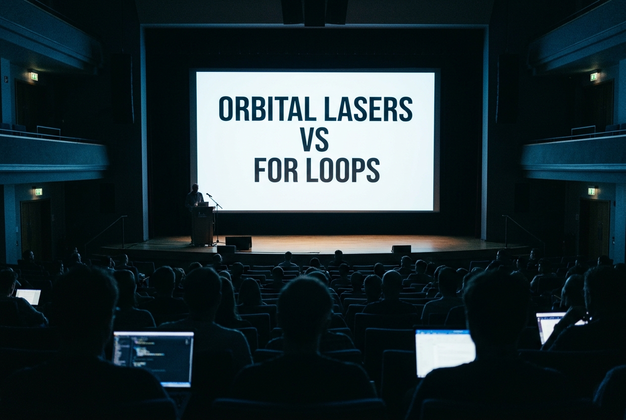 Reconstructed view from the back of a darkened auditorium toward a lit screen reading Orbital Lasers vs For Loops, the stage below nearly empty, audience silhouettes in the foreground.