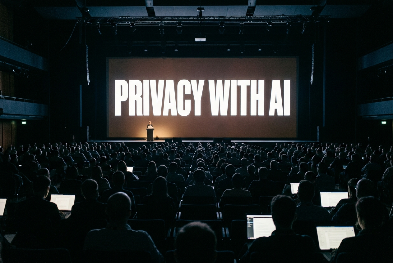 Reconstructed view from the back of a darkened auditorium toward a lit screen reading Privacy With AI, the stage below nearly empty, audience silhouettes in the foreground.