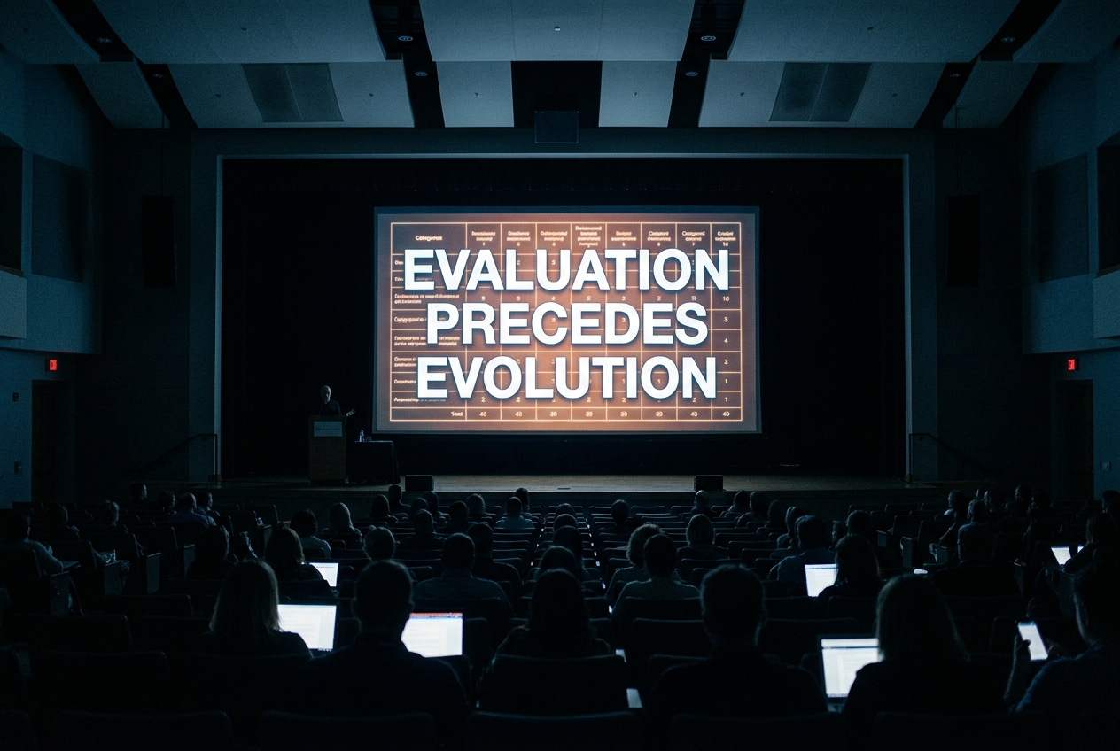 Reconstructed view from the back of a darkened auditorium toward a lit screen reading Evaluation Precedes Evolution, the stage below nearly empty, audience silhouettes in the foreground.