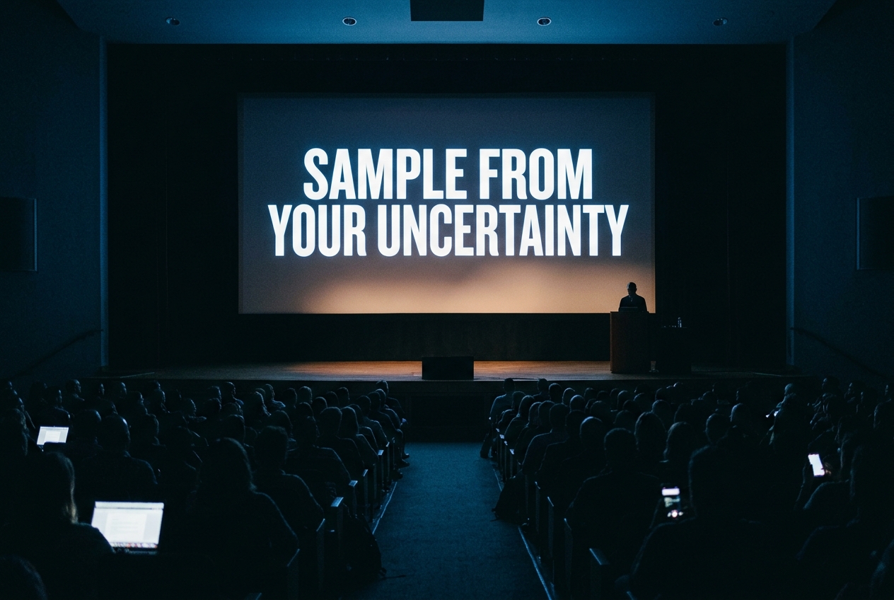 Reconstructed view from the back of a darkened auditorium toward a lit screen reading Sample From Your Uncertainty, the stage below nearly empty, audience silhouettes in the foreground.
