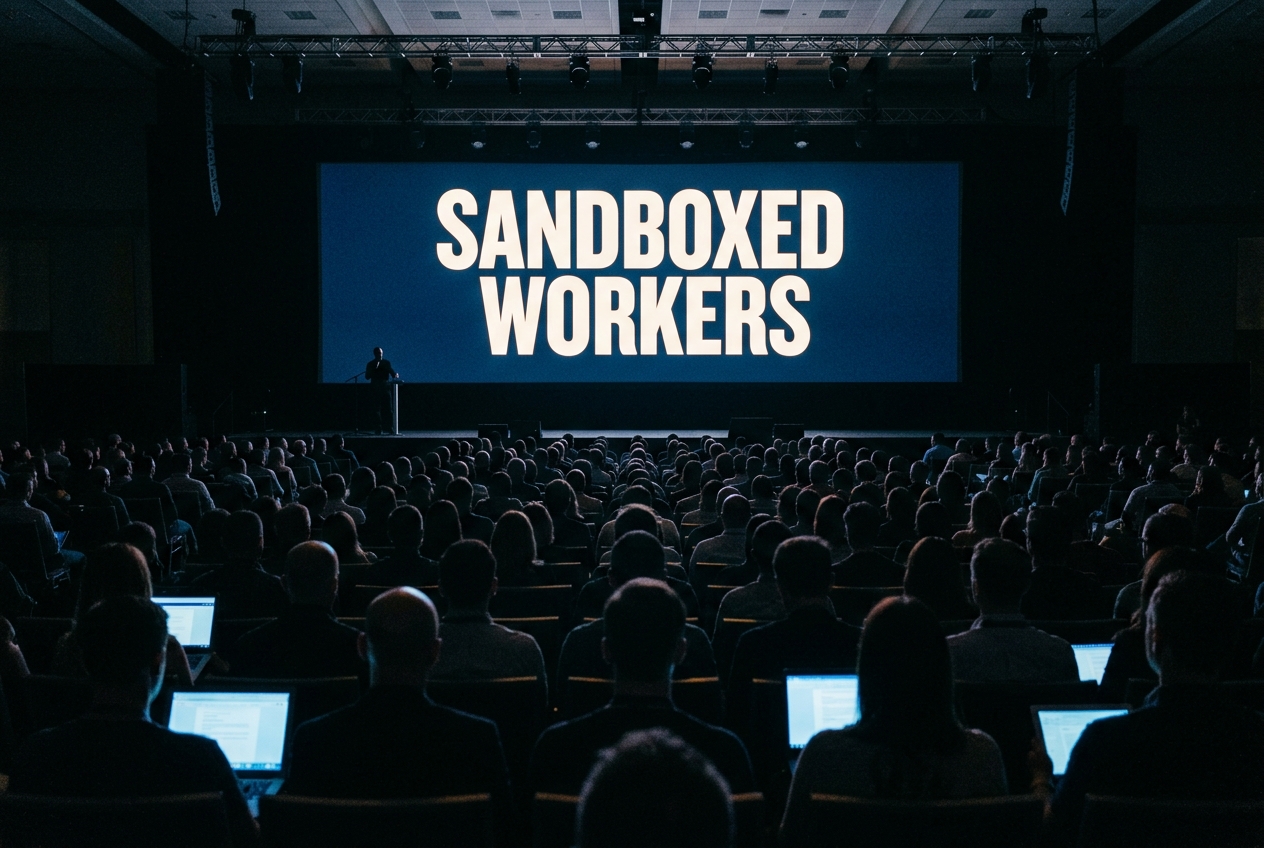 Reconstructed view from the back of a darkened auditorium toward a lit screen reading Sandboxed Workers, the stage below nearly empty, audience silhouettes in the foreground.