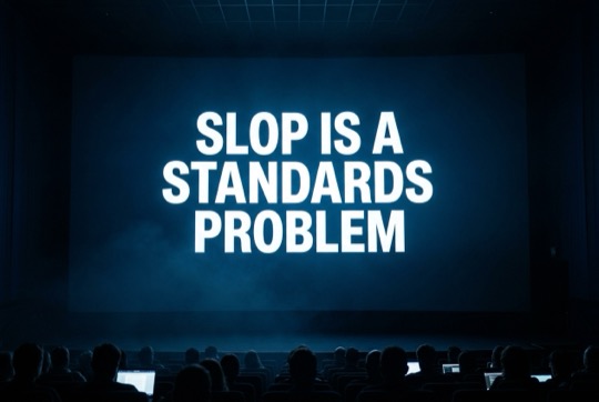 An AI-generated image of a talk title shown on a large, dimly lit conference screen above a silhouetted audience.