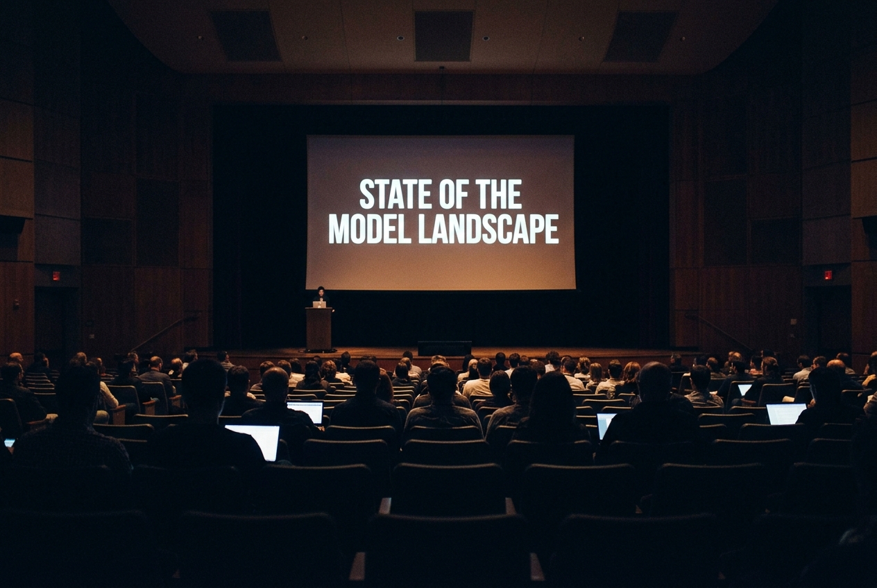 Reconstructed view from the back of a darkened auditorium toward a lit screen reading State of the Model Landscape, the stage below nearly empty, audience silhouettes in the foreground.