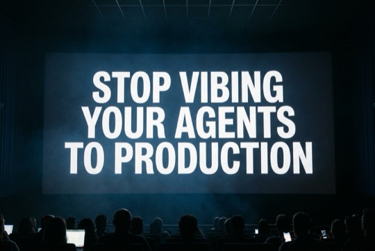 An AI-generated image of a talk title shown on a large, dimly lit conference screen above a silhouetted audience.