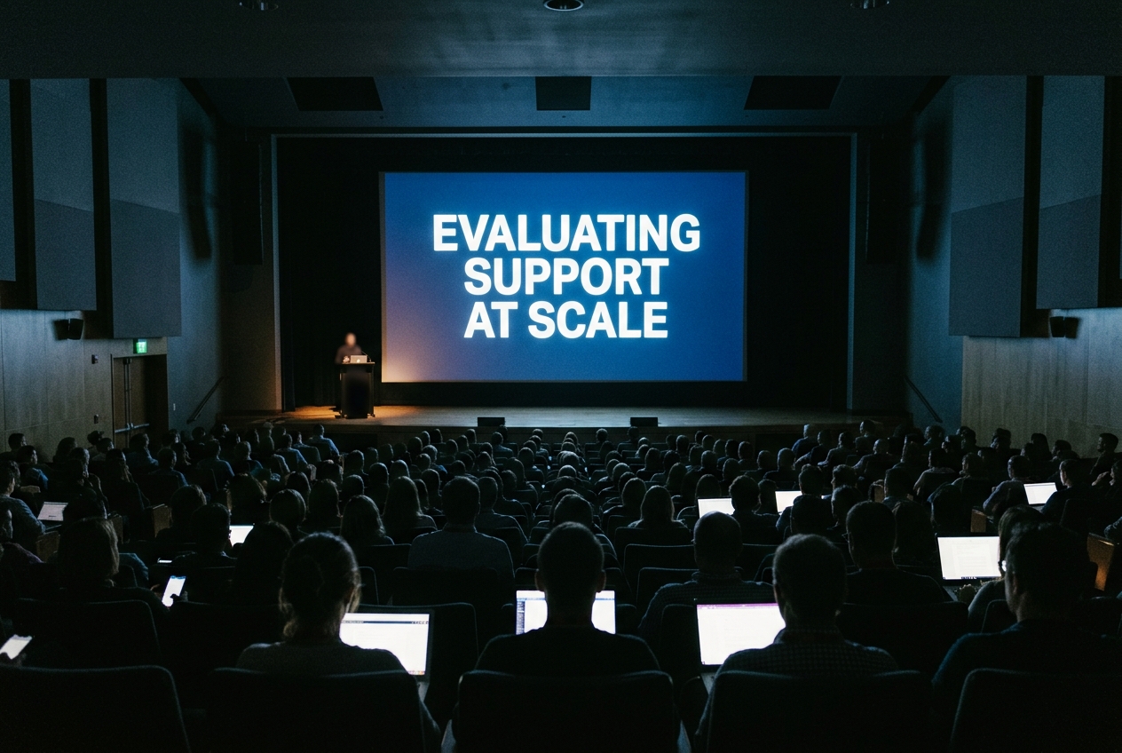 Reconstructed view from the back of a darkened auditorium toward a lit screen reading Evaluating Support at Scale, the stage below nearly empty, audience silhouettes in the foreground.