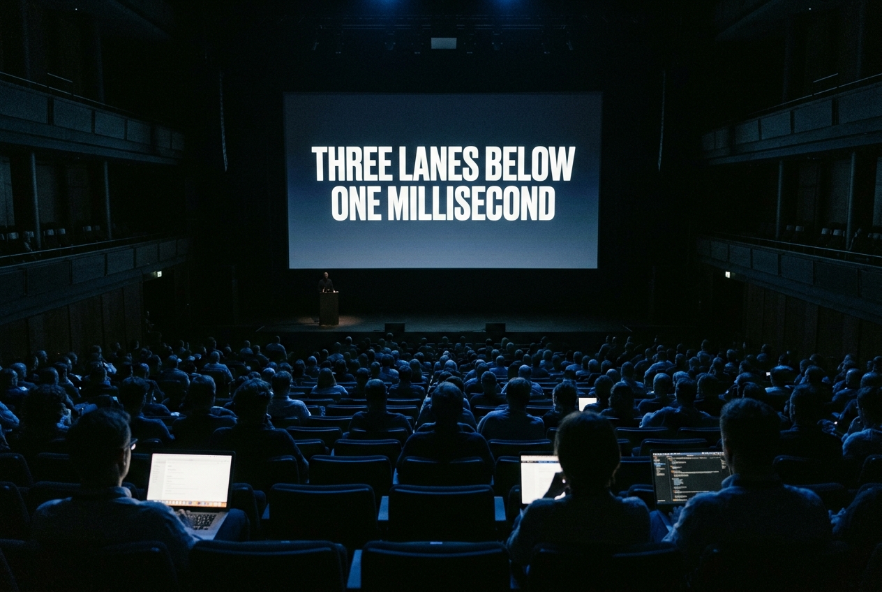 Reconstructed view from the back of a darkened auditorium toward a lit screen reading Three Lanes Below One Millisecond, the stage below nearly empty, audience silhouettes in the foreground.