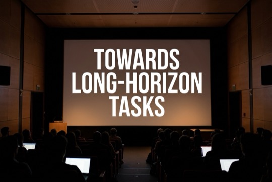An AI-generated image of a talk title shown on a large, dimly lit conference screen above a silhouetted audience.