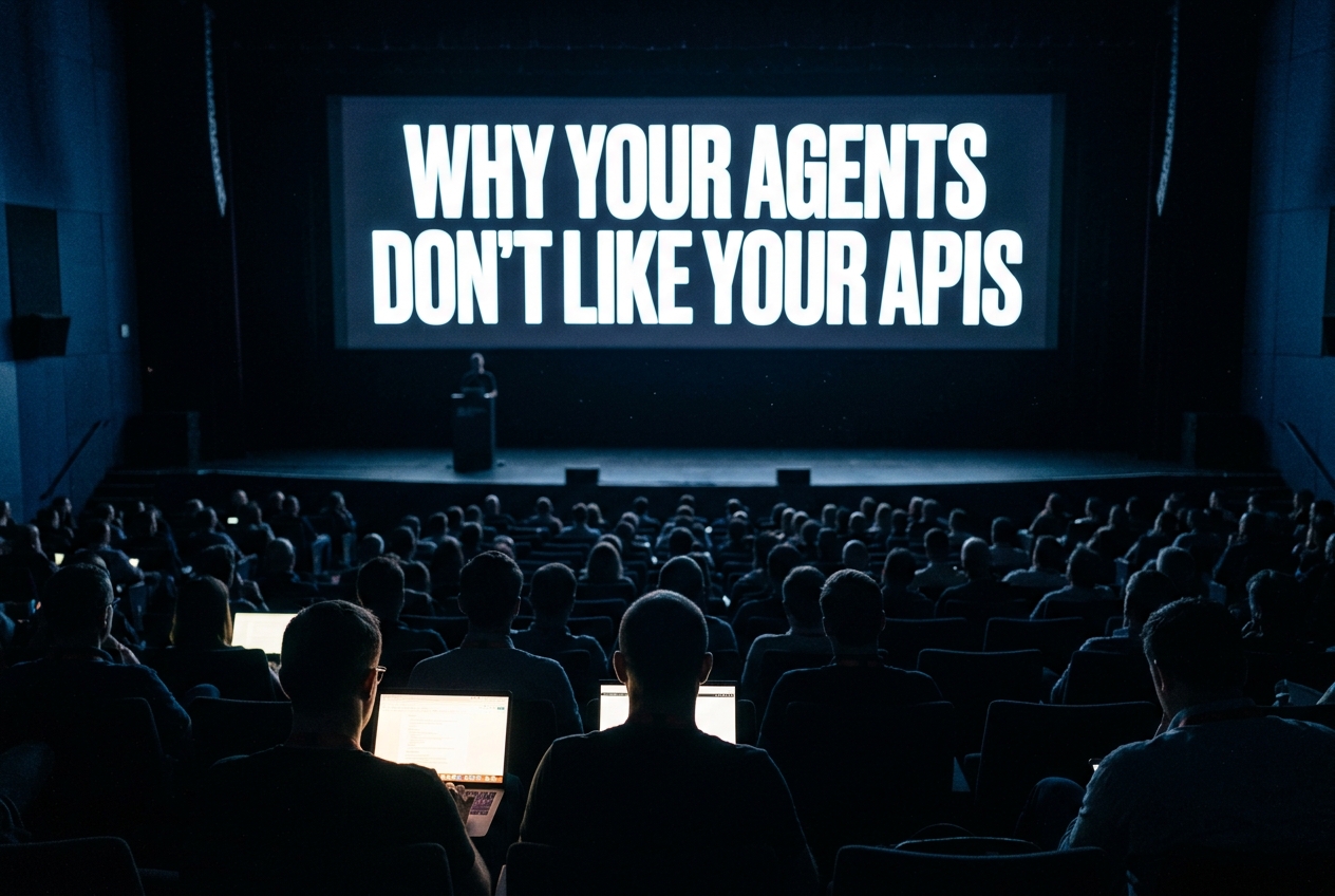 Reconstructed view from the back of a darkened auditorium toward a lit screen reading Why Your Agents Don't Like Your APIs, the stage below nearly empty, audience silhouettes in the foreground.