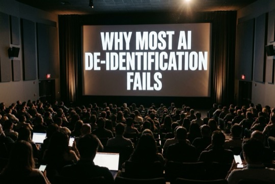 An AI-generated image of a talk title shown on a large, dimly lit conference screen above a silhouetted audience.