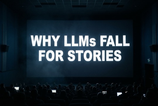 An AI-generated image of a talk title shown on a large, dimly lit conference screen above a silhouetted audience.