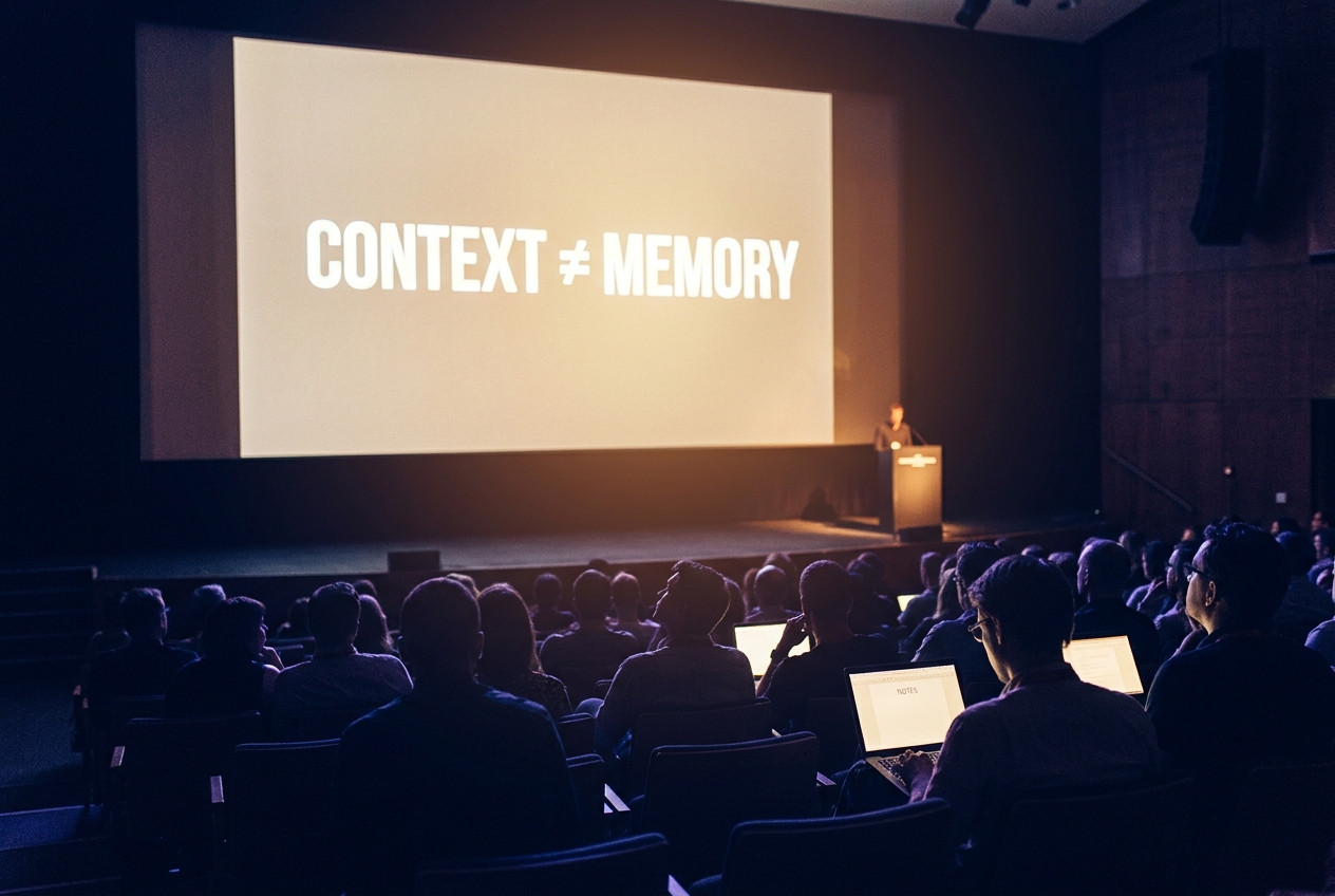 Reconstructed wide view from the back of a darkened auditorium toward a huge lit screen reading Context is not Memory, the stage below nearly empty, the backs of a laptop-lit audience in the foreground.